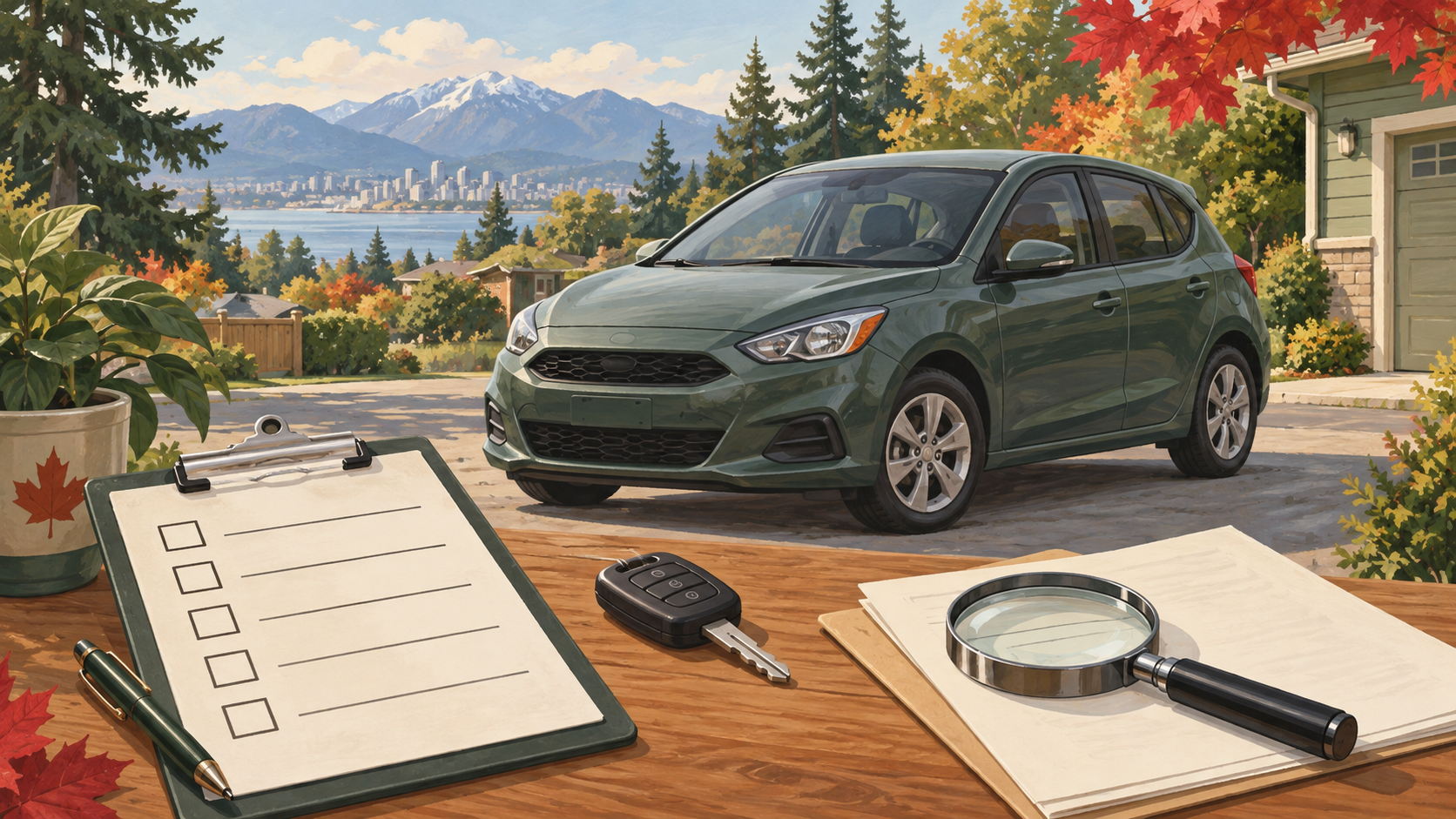 駐車した車、白紙のチェックリスト、鍵、虫眼鏡を描いたオリジナルイラスト。中古車と書類の購入前確認を表現。