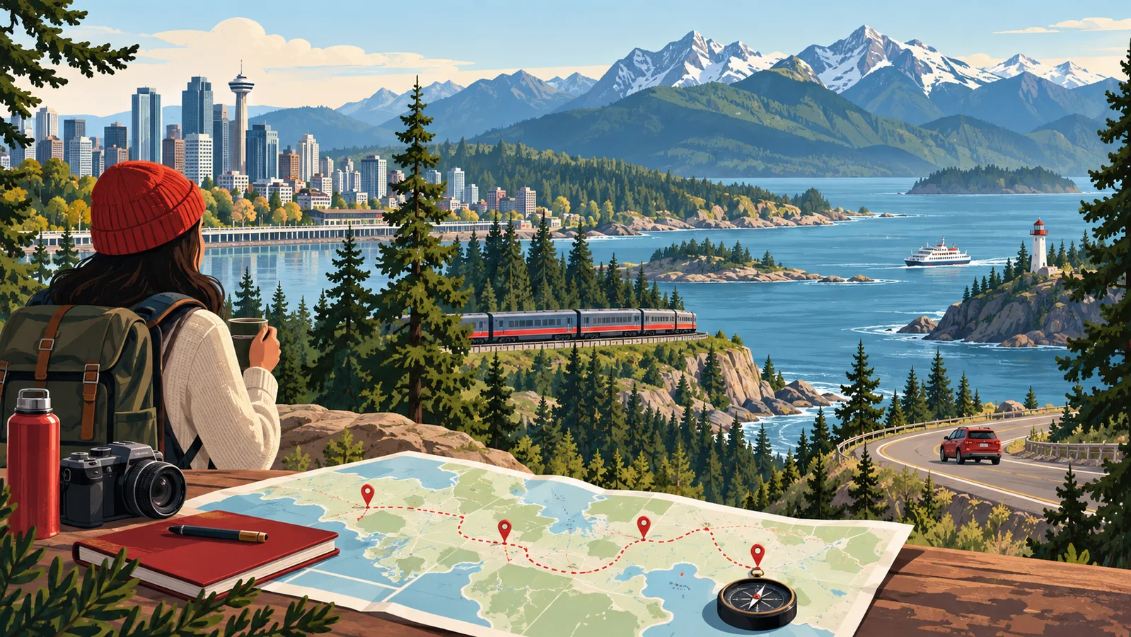 Editorial illustration of planning a Canadian city and nature itinerary