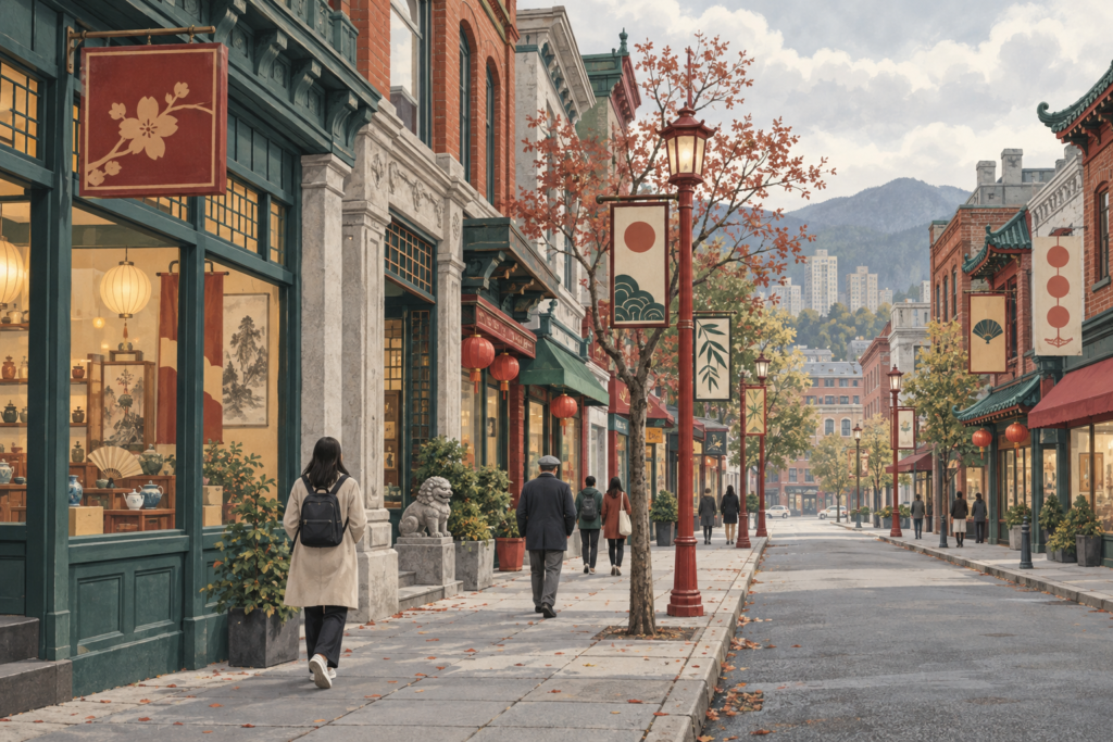 Illustrated Vancouver Chinatown streetscape; an AI-generated concept illustration, not a documentary photo or map of current storefronts.